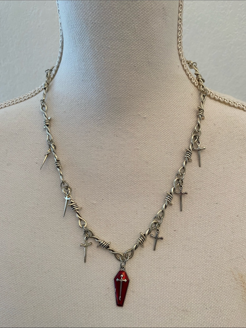 Gothic Barbed Wire Dagger and Red Coffin Necklace